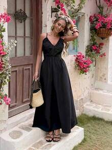 Cévolie 女士度假休闲纯色露背系带连衣裙 - 黑色 - 查看 5