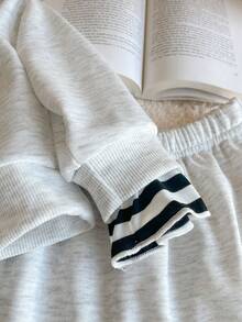 Genkimix Kids 3pcs/Set Toddler Girls Korean Style Light Grey Sweatshirt And Skirt And Stripe Scarf,  Kid Long Sleeve Preppy School Outfit - Grey - View 3