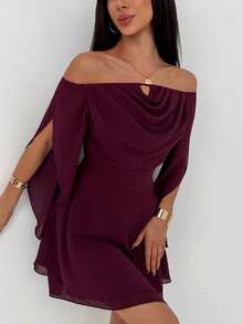 Aloruh 梅紫色浪漫约会音乐节系带长袖收腰雪纺荷叶边迷你连衣裙（女款） - 中紫紅色 - 查看 4