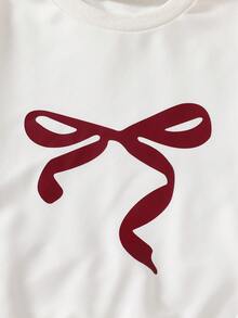SHEIN 两件套 时尚休闲学院风女童杏色针织套头衫（带蝴蝶结印花）搭配红色格子百褶迷你裙，适合户外、旅行、街头、休闲、居家、学校、日常搭配 - 白色 - 查看 4