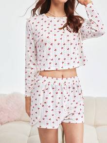 Bonmuse 两件套女士舒适圆领印花长袖上衣和侧开衩短裤，可爱家居服，秋冬服装 - 米色 - 查看 6