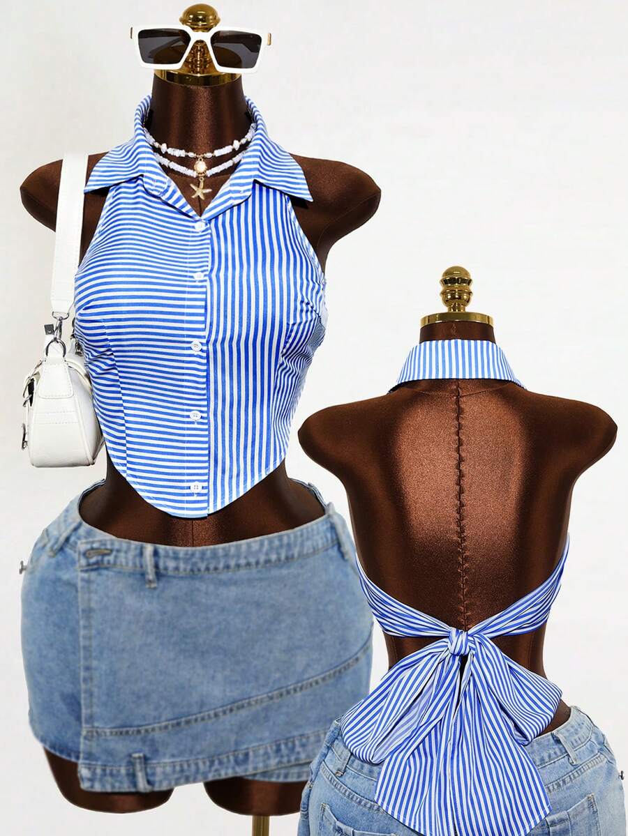 Spring And Summer Back Tie Bow-Knot Casual Design Sense Shirt - Blue and White - View 1
