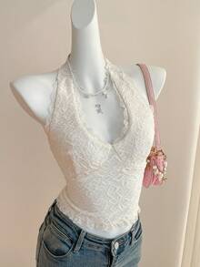 SHEIN EZwear Valentine's Day Summer Tops Women's V-Neck Jacquard Lace Trim Cinched Waist Backless Camisole - Apricot - View 4