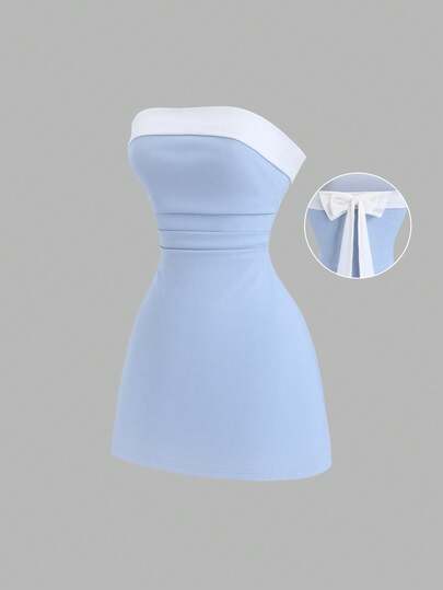 Sweetra Vestido tubo de mujer con lazo en la cintura, patchwork de terciopelo y contraste de color, para uso casual y de oficina, de moda en primavera/otoño