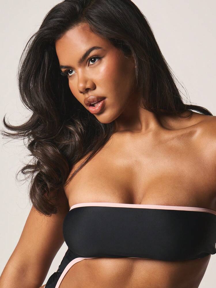 Missguided x Playboy Bandeau Cutout Tie Side One Piece Swimsuit With Contrast Trim And Logo Detail For Beach And Pool