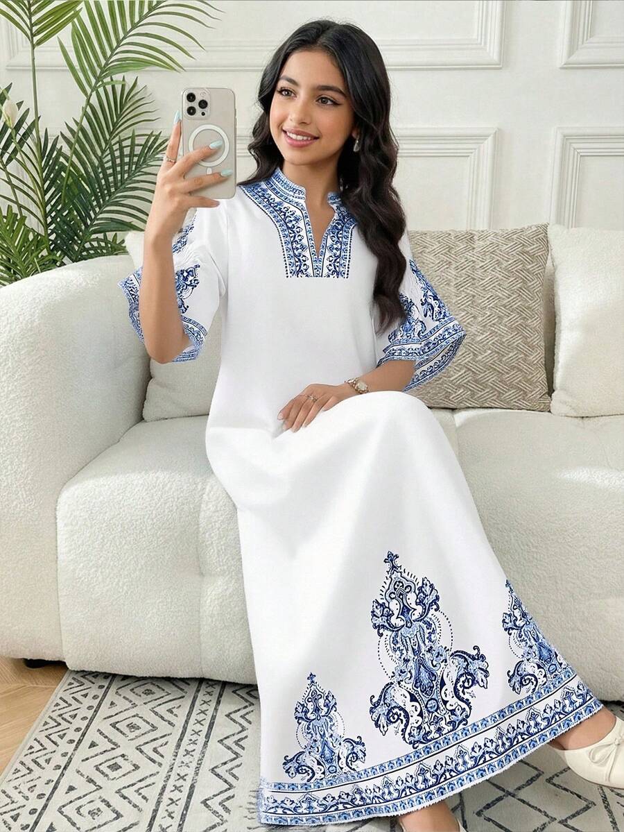 Tween Girls' Casual Vacation White And Blue Floral Summer Boho Holiday V-Neck A-Line Patchwork Flare Sleeve,Long Woven Dress - Baby Blue - View 1
