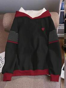 SHEIN Women's Striped Heart Print Contrast Color Sweatshirt - Multicolor - View 4