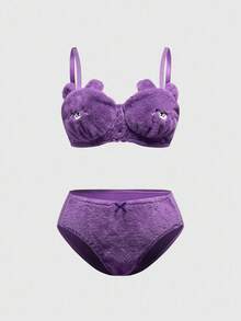 ROMWE Kawaii Cute Embroidered Plush Bear Handmade Wireless Plus Size Lingerie Set - Purple - View 1