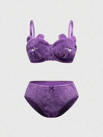 Kawaii Ensemble de lingerie sans fil mignon en peluche brodée, grande taille, fait main