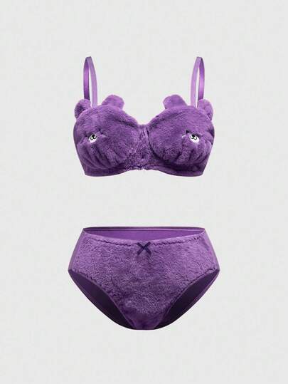 Kawaii Ensemble de lingerie sans fil mignon en peluche brodée, grande taille, fait main