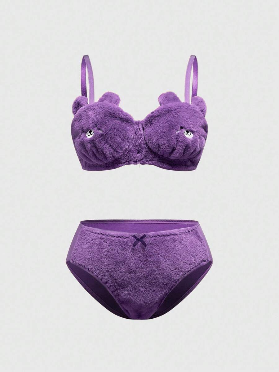 ROMWE Kawaii Cute Embroidered Plush Bear Handmade Wireless Plus Size Lingerie Set - Purple - View 1