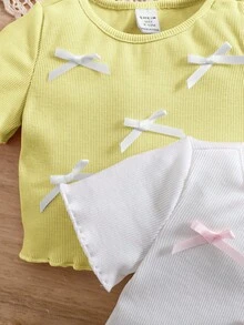 SHEIN LMoss Kids 2pcs/Set Baby Girl Cute Bow Knit Short Sleeve Top, Versatile Summer For Cute Tops Baby Tops Baby Tees Baby Doll Shirts Baby T Shirts - White - View 7