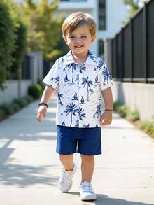 SHEIN Streecool Kids 男童棕榈树印花短袖衬衫和短裤两件套，休闲夏季服装 - 藍色 - 查看 3