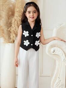 Elladie kids 两件套女童夏季黑色无袖翻领开襟短款碎花背心搭配白色直筒休闲裤，简约时尚百搭通勤装 - 黑與白 - 查看 4