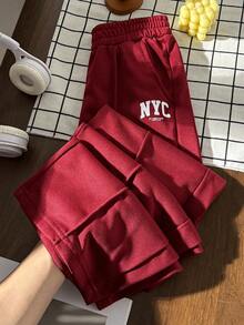 SHEIN Casuvi Kids 少女休闲运动裤，简约logo图案撞色口袋装饰连帽针织慢跑裤，宽松阔腿长裤 - 酒紅色 - 查看 5