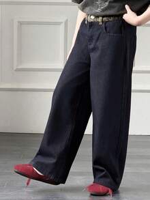 Dazy Kids Quần jeans ống rộng có túi, cài nút, kiểu dáng thường ngày, đa năng dành cho bé trai tuổi teen. - Rửa tối - Xem 4