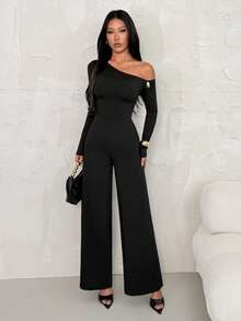 SHEIN PETITE Bộ jumpsuit đen trơn thanh lịch mùa xuân hè, kiểu dáng bất đối xứng vai, tay dài, trang trí khóa kim loại, ống rộng, phù hợp cho các buổi hẹn hò, đi chơi, dự tiệc hàng ngày, kiểu dáng thanh lịch cho nữ, jumpsuit bất đối xứng, jumpsuit ống rộng, jumpsuit ngày Valentine, jumpsuit mặc hàng ngày, jumpsuit duyên dáng, jumpsuit đen ống rộng, jumpsuit đen tay dài một vai, jumpsuit đen thanh lịch, jumpsuit một mảnh cho nữ, jumpsuit đen một vai gợi cảm, jumpsuit đen cho nữ, jumpsuit một mảnh đen thanh lịch - màu đen - Xem 5