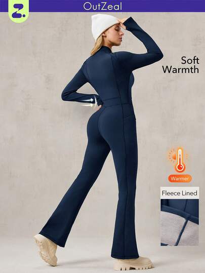 OutZeal Ski Suit Women Outdoor Jumpsuits Winter Thermal Clothes Skiing Daily Brushed Lined Flared Legs Front Zip Up With Pockets