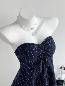 Elamini Women's Polka Dot Print Cinched Waist A-Line Camisole Top, Spring/Summer - Navy Blue - View 1