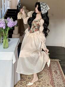 Women's Elegant Floral Patchwork Frill Trim Long Dress, Spring/Summer Wedding Guest Dress - Beige - View 6