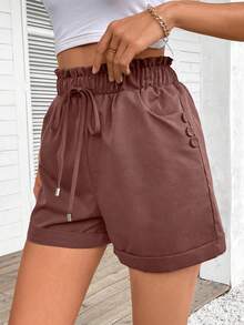 SHEIN LUNE Quần short nữ dáng suông, cạp chun, gấu quần xắn, màu trơn, kiểu túi giấy, đa năng cho đi làm hàng ngày và mùa hè. - Cocoa - Xem 6