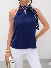 Pariaura Women's Spring/Summer Casual And Elegant Commuting: Sleeveless Halter Neck Top, Polka Dot Tie, Openwork Tank Top, Suitable For Dates, Office Wear, Teachers, Summer Vacations, Beachwear, Parties, And Music Festivals. Dark Blue Top Blue Summer Top Navy Blue Top Scarf Top - Navy Blue - View 4