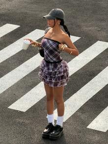 StreetHx Women's Y2K Contrast Lace Plaid Ruffle Hem Fashionable Bandeau Dress - Multicolor - View 1