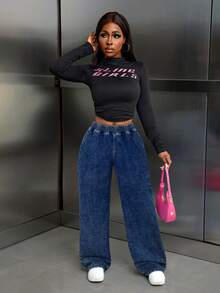 SHEIN Tall 休闲弹力腰直筒水洗牛仔裤 - 中等水洗藍 - 查看 4