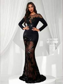 Coutiva Vestido de noche formal sexy y ajustado con cuello redondo, manga larga y transparente (muy enjoyado) - Granate - Ver 3