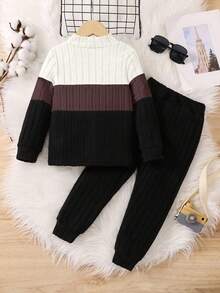 SHEIN 2pcs/Set Young Boy Colorblock Textured Ribbed Long Sleeve Top And Solid Color Pants, Autumn/Winter Casual Two Piece Set Boys Autumn Winter Casual Two Piece Set - Multicolor - View 2