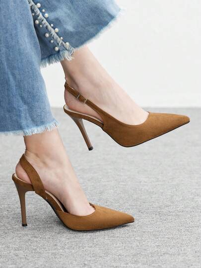 CUCCOO BIZCHIC 女士尖头绒面革露跟高跟鞋，简约绑带设计，细高跟，性感优雅，适合工作、通勤、约会、日常穿着。