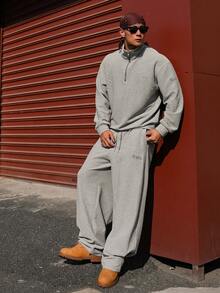 DAZY 男士纯灰色褶皱长裤及套头卫衣套装，春季款 - 灰色 - 查看 4