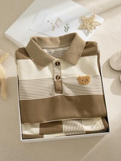 Souflis Souflis Young Boy Toddler Casual Adorable Bear Embroidered Badge Irregular Striped Short Sleeve Polo Shirt And Shorts Set, Suitable For Summer