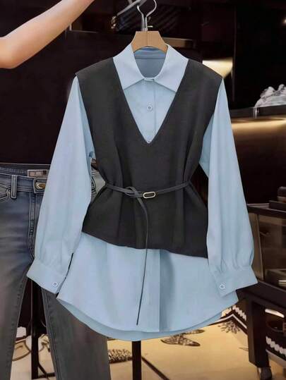 GlowEve CURVE 大码新款长袖二合一衬衫，休闲衬衫，春秋新款针织拼接上衣