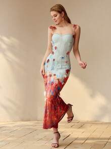 MOTF PREMIUM VESTIDO CAMISERO ELEGANTE DE MUJER CON APLICACIONES FLORALES, PARA VERANO - Azul - Ver 3