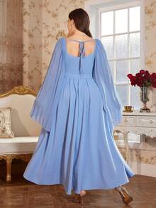 Reflora 大码优雅纯色披肩袖连衣裙，适合派对穿着 - 藍色 - 查看 5