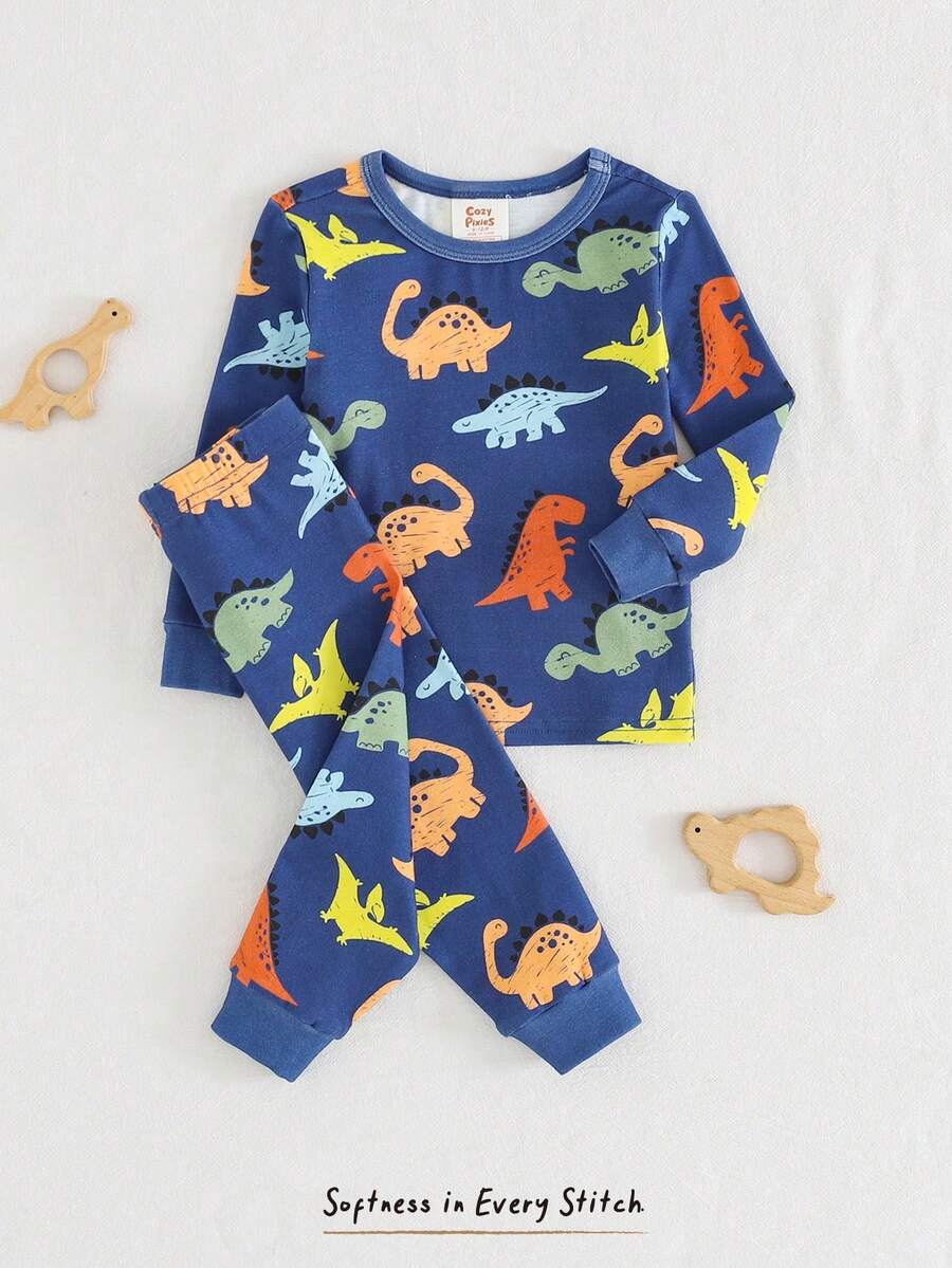 Cozy Pixies 男婴贴身睡衣套装，卡通恐龙印花柔软针织圆领长袖上衣和松紧腰长裤，2 件套 - 彩色 - 查看 1