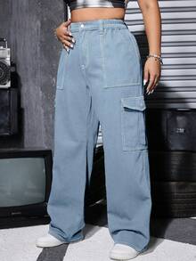 Jeans cargo lavados con cintura elástica, talla grande - Lavado ligero - Ver 6