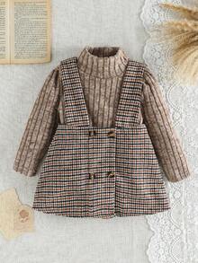 SHEIN 2件套女婴保暖可爱磨毛罗纹高领连体衣和格子背带A字裙套装，适合外出、度假、聚会和各种场合。 - 棕色 - 查看 6