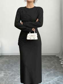 Selianne Plus Size Women Elegant Floral Pattern Waist Cinched Sweater Dress, Versatile For Autumn/Winter - Black - View 3