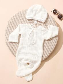 SHEIN 新生儿摄影连体衣，带脚套和配套帽子，男女宝宝摄影服装，珍珠拼接 - 白色 - 查看 3