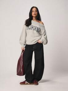 MISSGUIDED Fuzzy Off Shoulder California Graphic Knit Sweater With Text Print And Soft Texture For Casual Everyday Wear - Grey - View 3