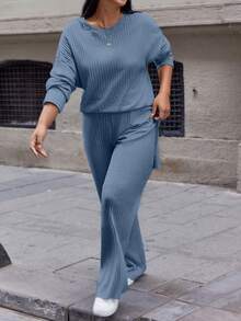 EURMUSE Cotton Plus Size Solid Color Batwing Sleeve Long Sleeve T-Shirt And Long Length Pants Two Pieces Set - Baby Blue - View 3