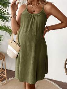 SHEIN Đầm bầu không tay xếp ly màu trơn kiểu dáng thường ngày - xanh quân đội - Xem 6