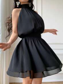 Celisse 黑色立领荷叶边下摆优雅女士迷你连衣裙 - 黑色 - 查看 5