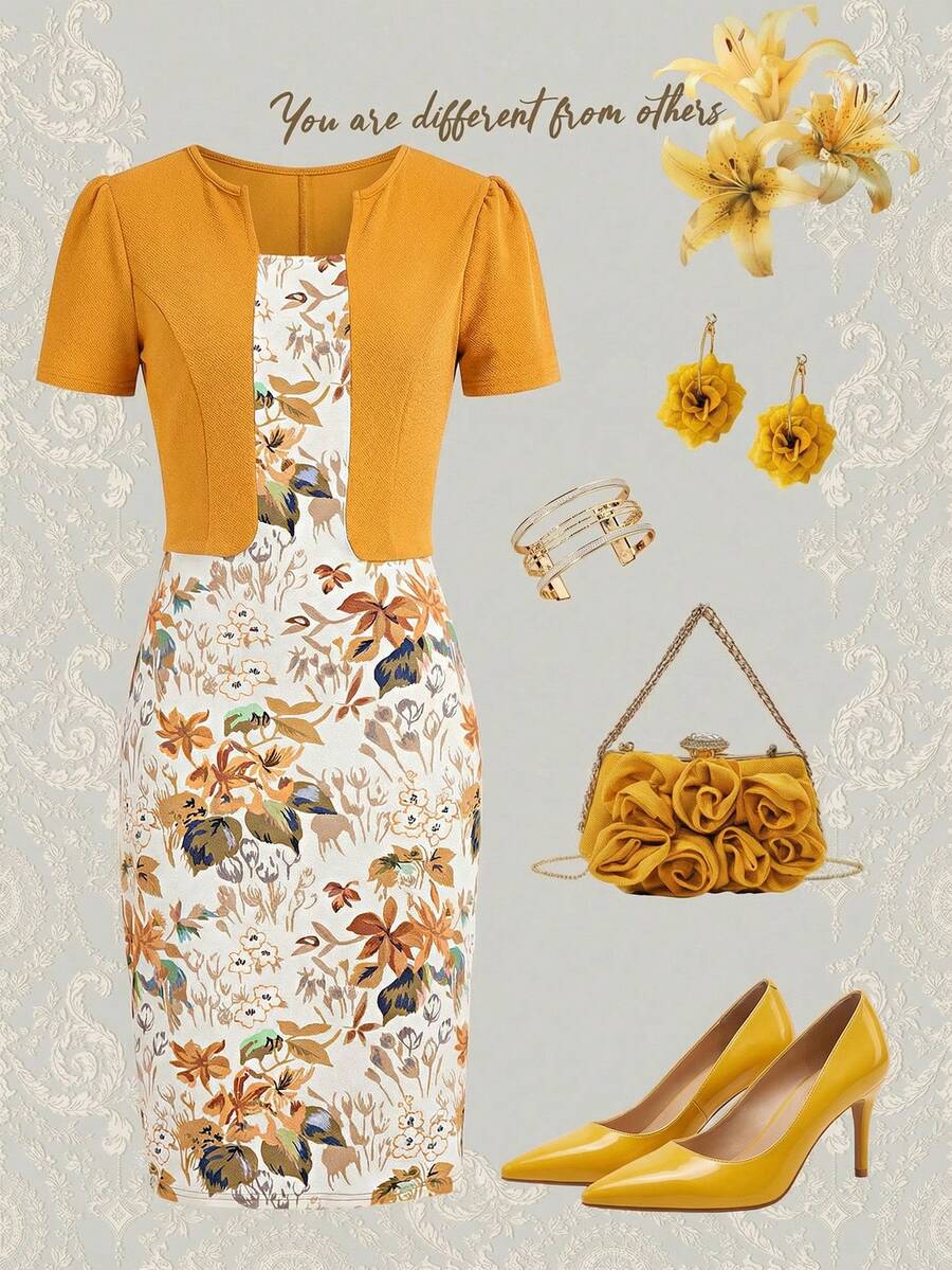 Ellevyn Vestido ajustado de verano con estampado floral y mangas de globo, con diseño 2 en 1 - Amarillo - Ver 1