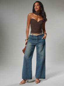 Hauture Top halter con espalda descubierta, plisado y fruncido, de tela suave y cepillada, para oficina y negocios en otoño - Marrón - Ver 3