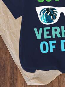 Baby Boy Fashionable & Comfortable Casual Crew Neck Short Sleeve T-Shirt Set, Leaf Print & Slogan Graphic Design, Relaxed Fit, Suitable For Spring/Summer Vacation, Outdoor, School, Party, Gift - Multicolor - View 4