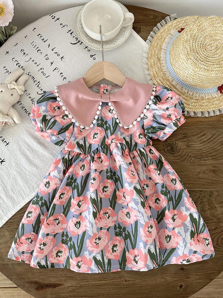 LMoss Kids LMoss    Baby Girl Ditsy Floral Ruffle Collar Puff Sleeve Casual Dress,فستان وردي,,فستان,تنوره,فساتين بنات,ملابس اطفال,Pink Dress,Baby Girls Clothes,Summer Clothes,Suitable For Everyday Life, Parties, Birthdays, And Celebrations In Spring And Summer. - Multicolor - View 6