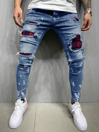 Grunge Punk Herren Skinny Lässig Jeans mit Tasche und Destroyed-Optik
